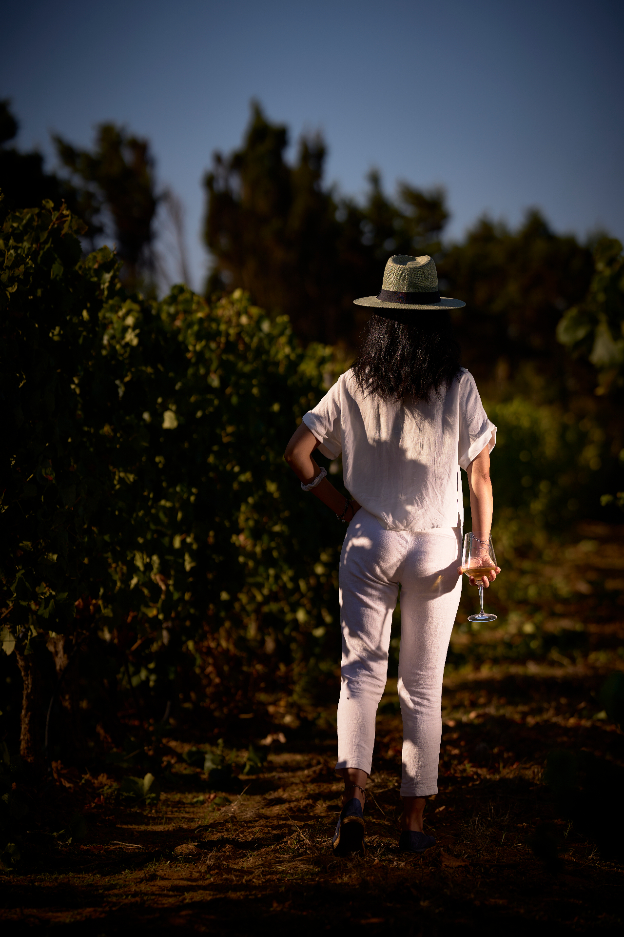 Donna di spalle tra i vigneti del Sinis